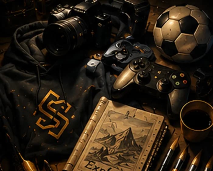 Hobby-inspired artwork with a camera, games controller, football and sketchbook created with StorieVerse
