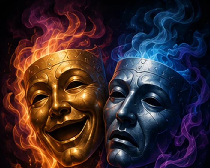 Fire and blue theatrical mask artwork created with StorieVerse