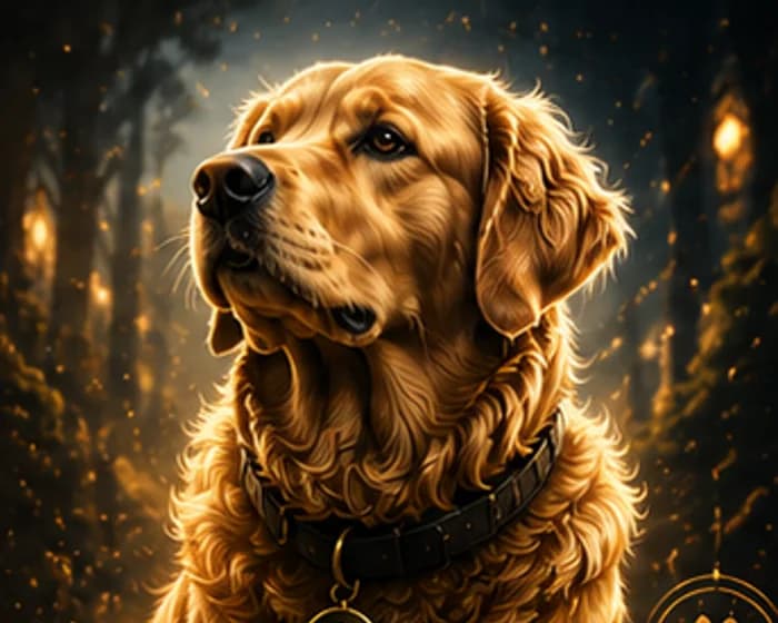 Golden retriever portrait artwork in cinematic light created with StorieVerse