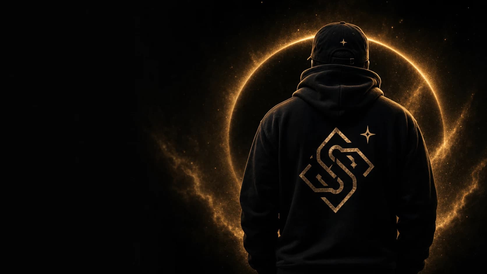 Back view of a black branded StorieVerse hoodie in front of a gold eclipse aura
