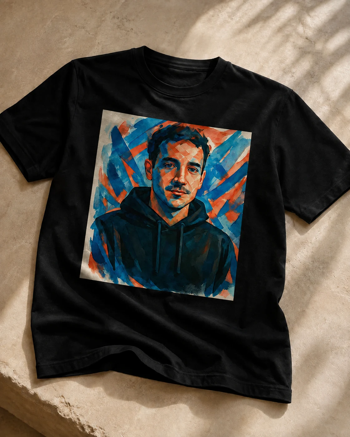 The matching watercolour portrait on a black T-shirt mockup